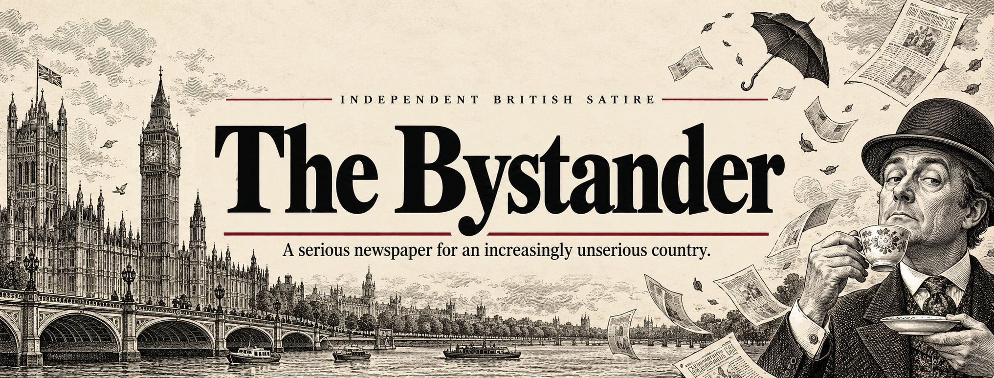 The Bystander cover: cream newspaper design, Westminster and a tea-drinking observer