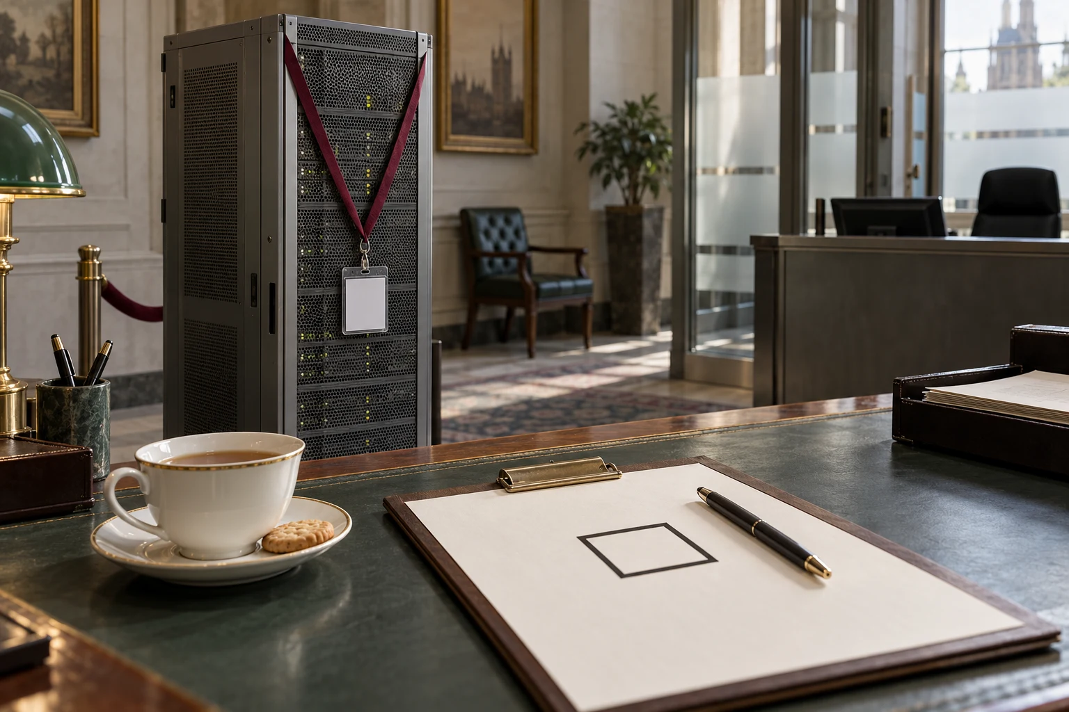 AI-generated illustration of a server wearing a visitor lanyard beside a clipboard with an empty checkbox in a fictional government office.