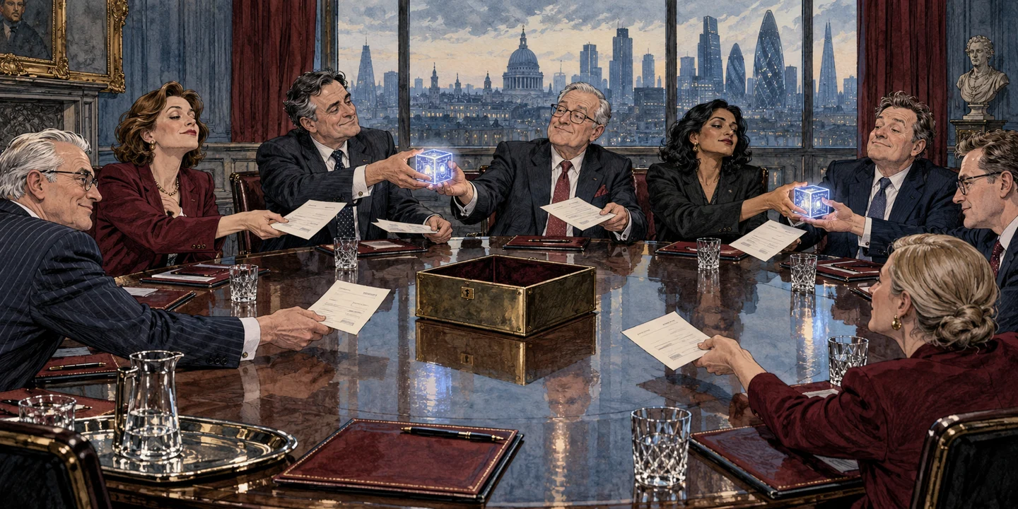 AI-generated photorealistic editorial illustration of a vast data centre and an analyst reviewing investment figures; no logos or text.