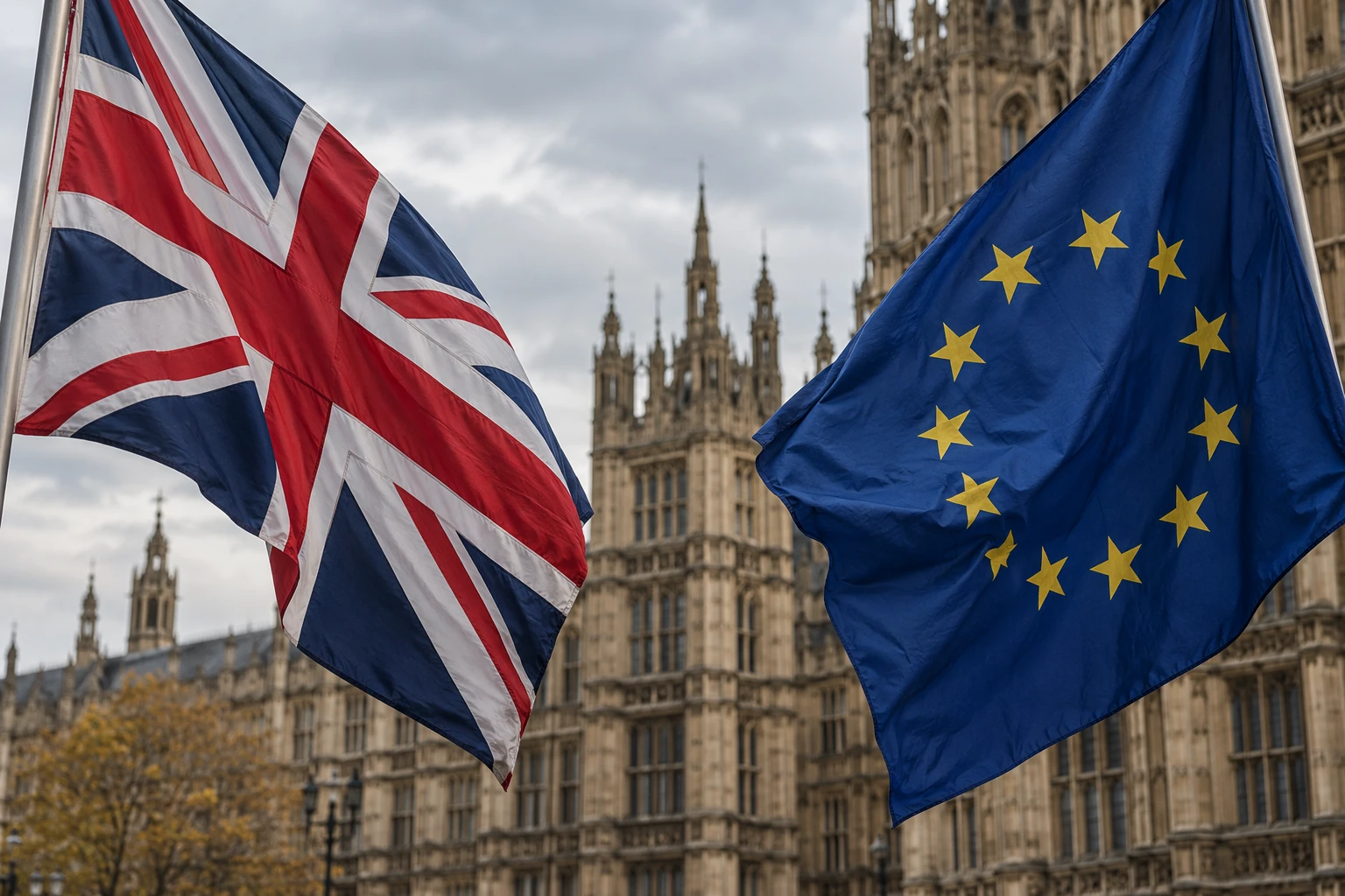 AI-generated illustrative photograph of British and European flags outside a government building