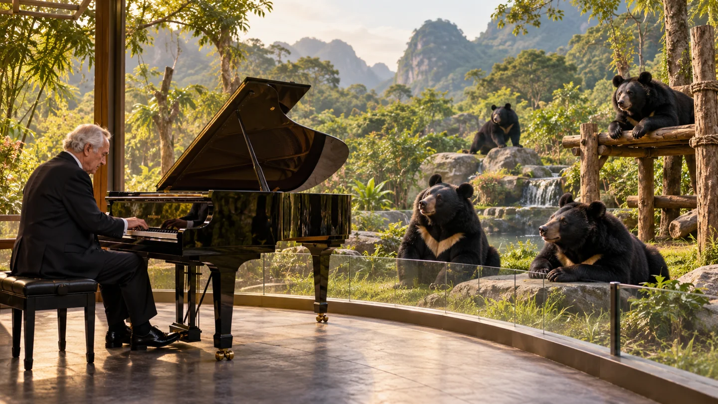 AI-generated fictional illustration: Wide imaginative editorial scene of a generic elderly male pianist at a grand piano safely separated by a discreet enclosure boundary from attentive rescued moon bears in a lush Vietnamese sanctuary; no phones, no celebrity likeness.