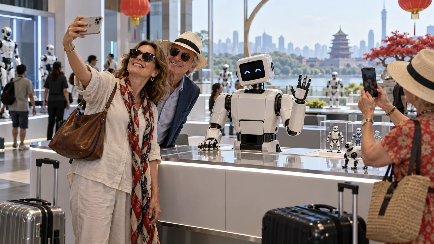 AI-generated fictional illustration: Adult tourists at a bright Chinese robotics visitor centre taking selfies with a polite original boxy humanoid robot behind a display counter, travel luggage, no branding or text.