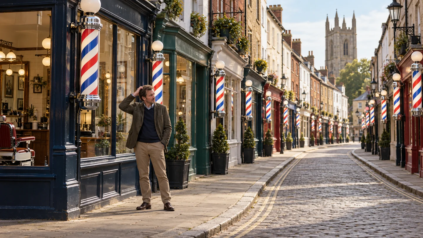 AI-generated fictional illustration: A fictional British high street with a comical succession of barber shops identified only by classic red white blue barber poles, one mildly baffled adult pedestrian, no readable shop names.