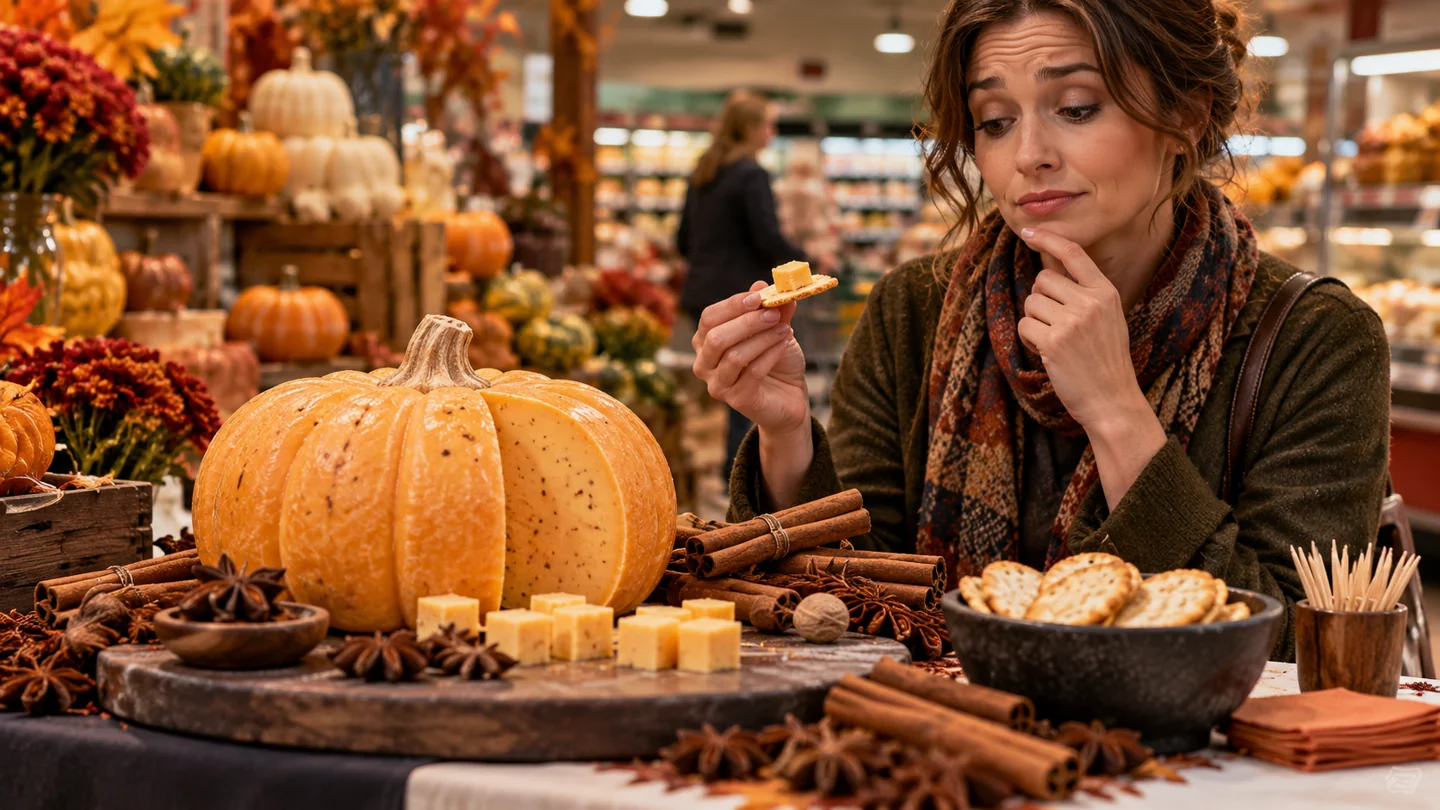 AI-generated fictional illustration: A pumpkin-shaped pale orange cheese wedge surrounded by cinnamon sticks and autumn spices on an American supermarket tasting table, an adult taster hesitating with a cracker, no branding, no words.