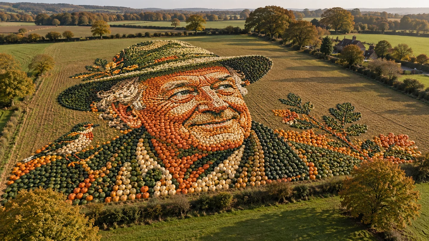 AI-generated fictional illustration: Oblique aerial view of thousands of orange cream green pumpkins forming a generic kindly elderly naturalist portrait in a Hampshire farm field, clearly imaginative not a documentary picture of a specific mural, no text.