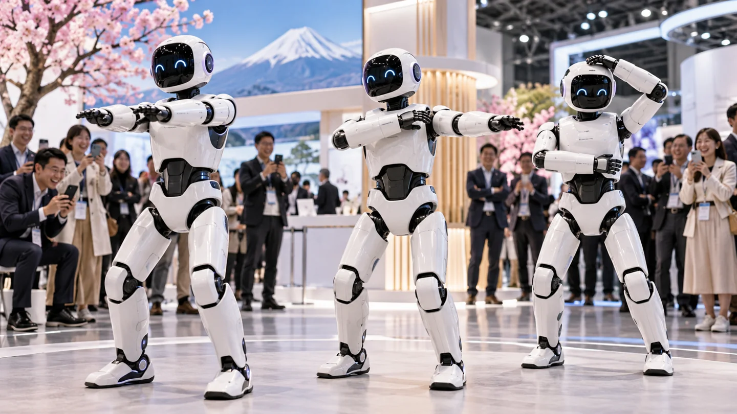 AI-generated fictional illustration: Three generic humanoid robots doing the Macarena at a bright Japanese technology expo, arms at different stages of the dance, amused adult spectators, no manufacturer logos.