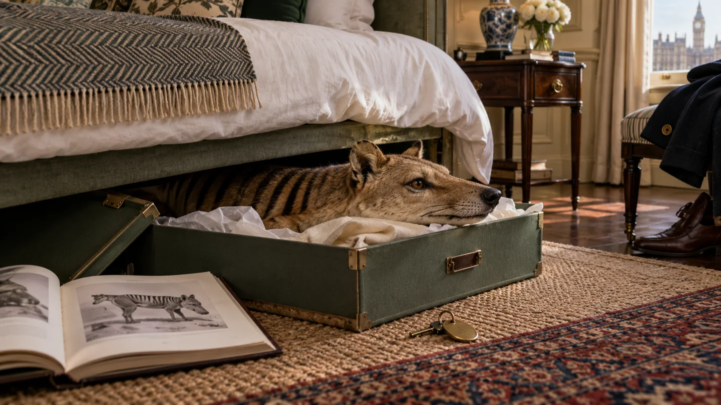 AI-generated fictional illustration: Museum-like thylacine taxidermy head with striped neck resting in an open storage box partly under a neatly made London bedroom bed, auction catalogue and house keys nearby, no gore, no readable text.
