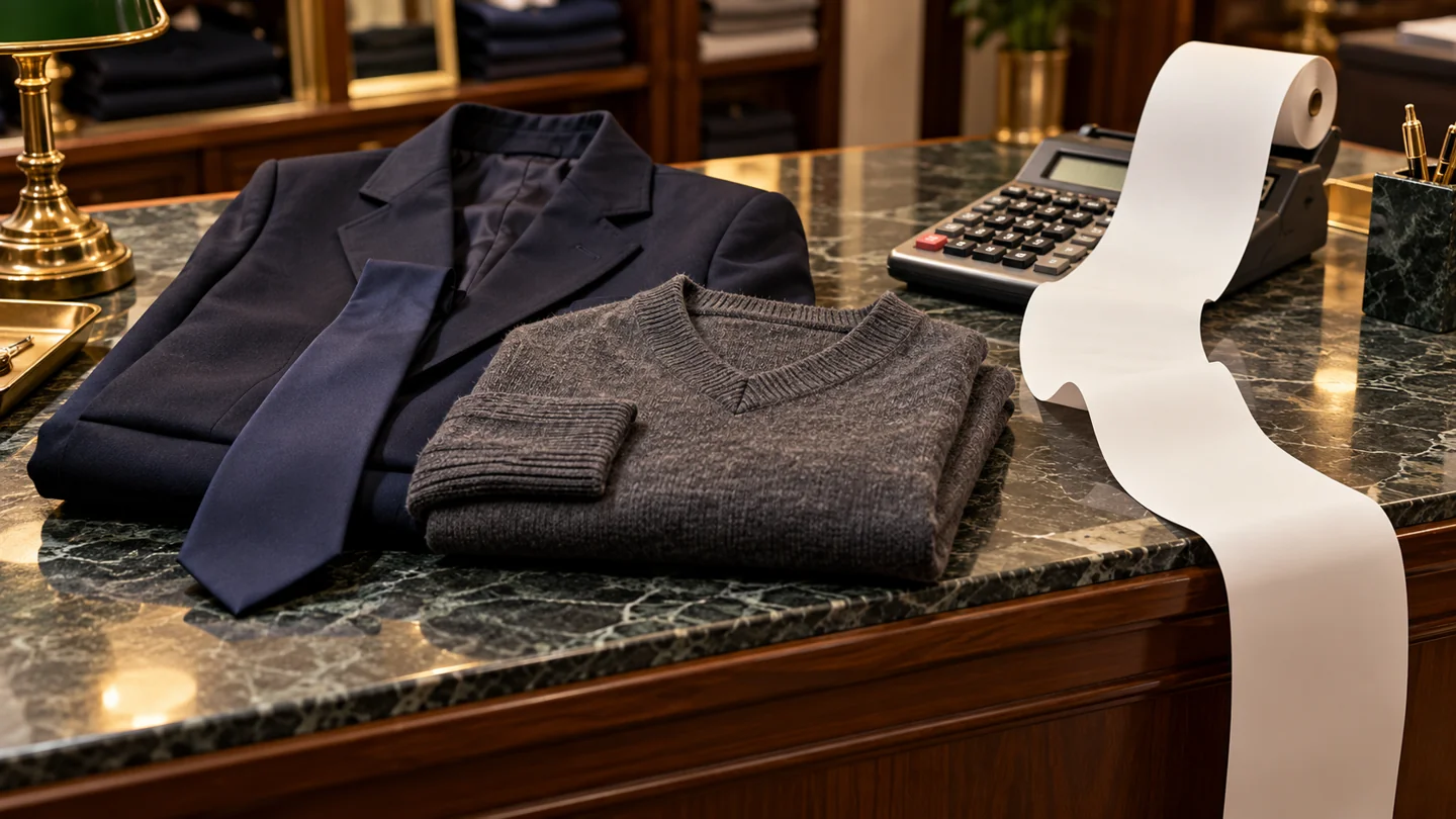AI-generated fictional illustration: A school blazer, plain tie and jumper neatly laid out on a shop counter beside a calculator and a long unmarked receipt, no children, no school emblems, visual joke about expensive school clothing.