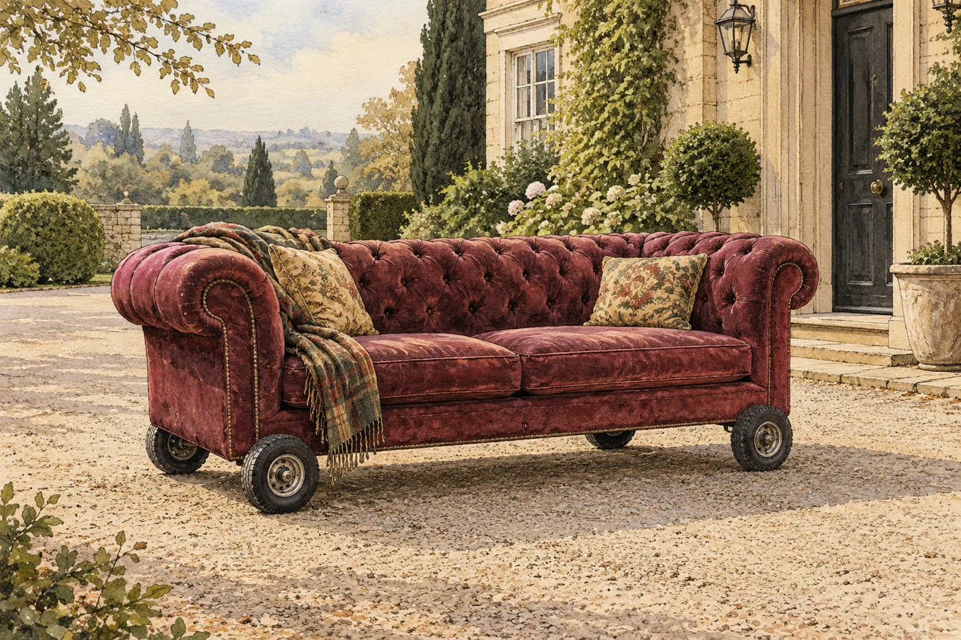 AI-generated fictional editorial illustration: a fictional sofa mounted on four small wheels parked in a driveway, no people and no visible engine controls.