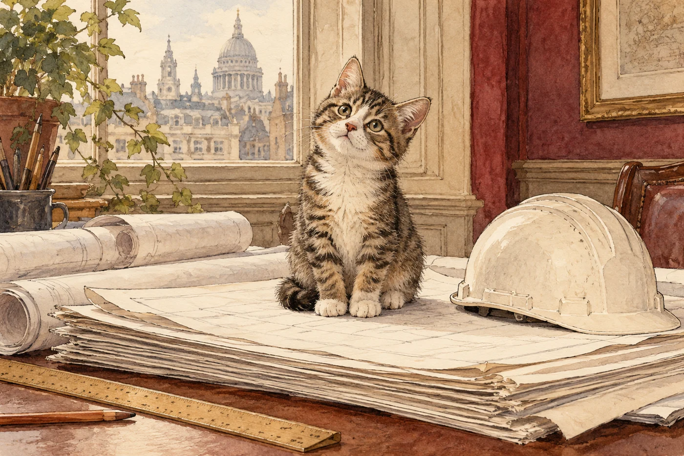AI-generated fictional editorial illustration: a small kitten sitting safely on a stack of blank plans beside a plain hard hat indoors, no active machinery.