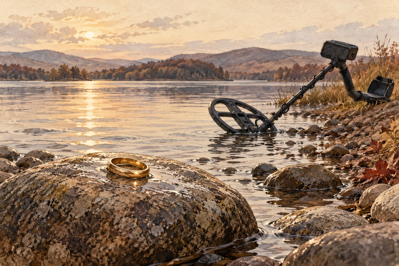 AI-generated fictional editorial illustration: a plain gold ring resting on a smooth wet lakeside stone beside a generic metal detector, no people.