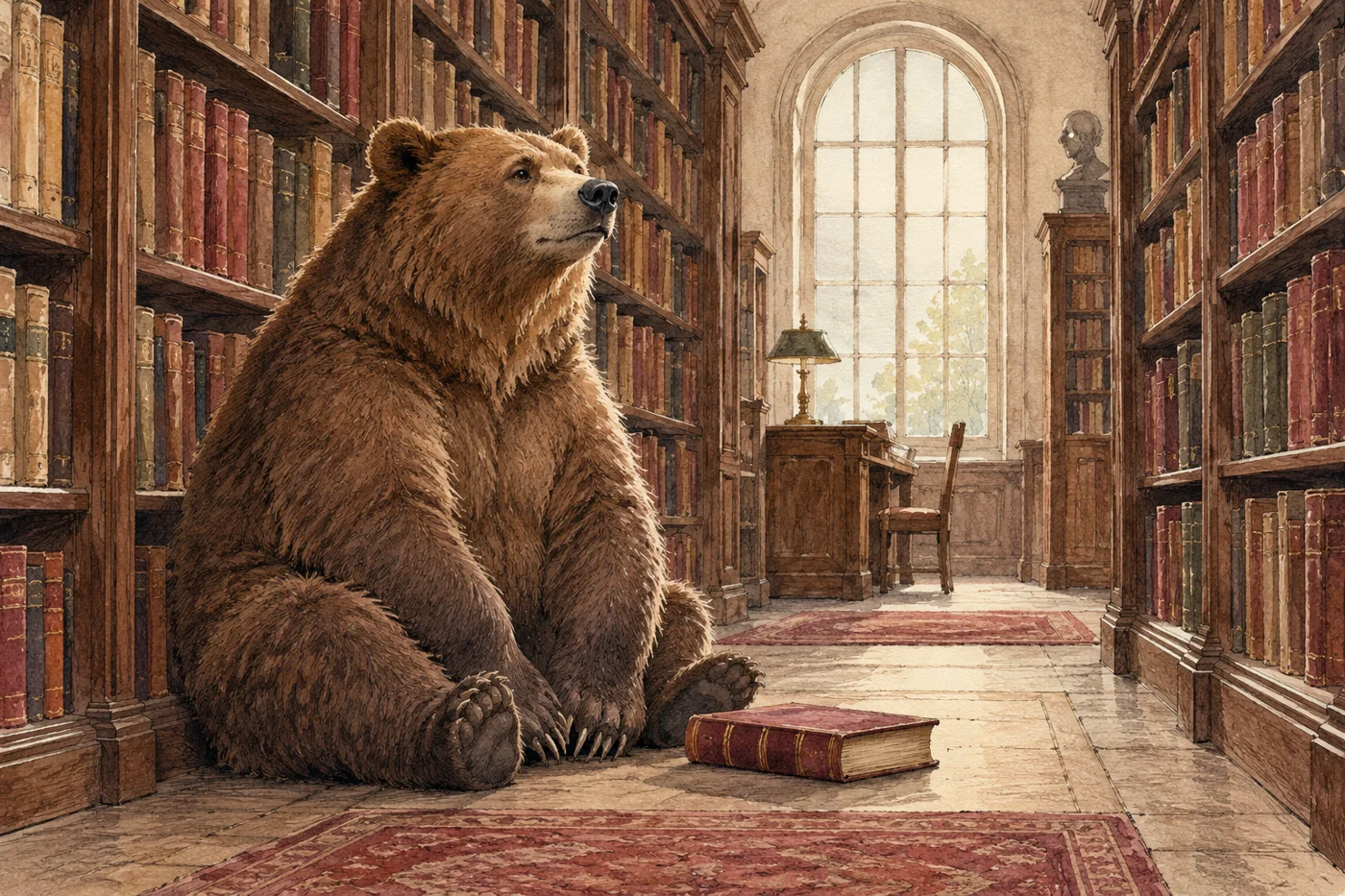 AI-generated fictional editorial illustration: a large brown bear sitting peacefully in an empty library aisle beside a closed book.