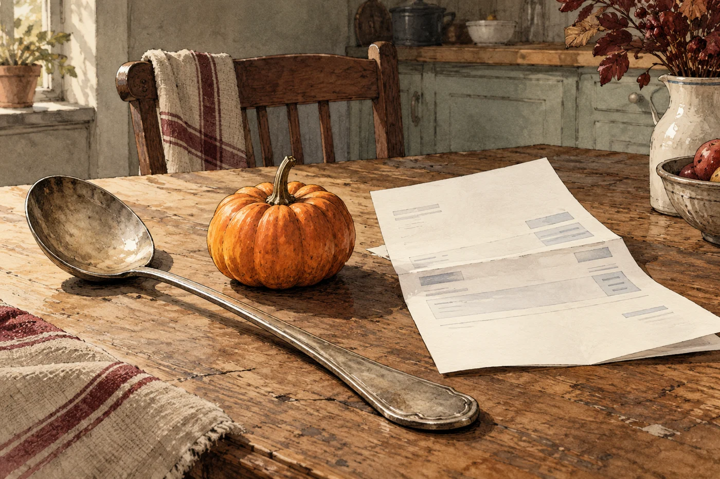AI-generated fictional editorial illustration: a tiny plain pumpkin on a kitchen table beside an oversized carving spoon and an anonymous blank household bill.