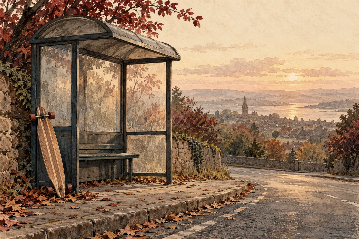 AI-generated fictional editorial illustration: an unbranded longboard resting beside a generic empty bus shelter on a quiet hill road, no people.