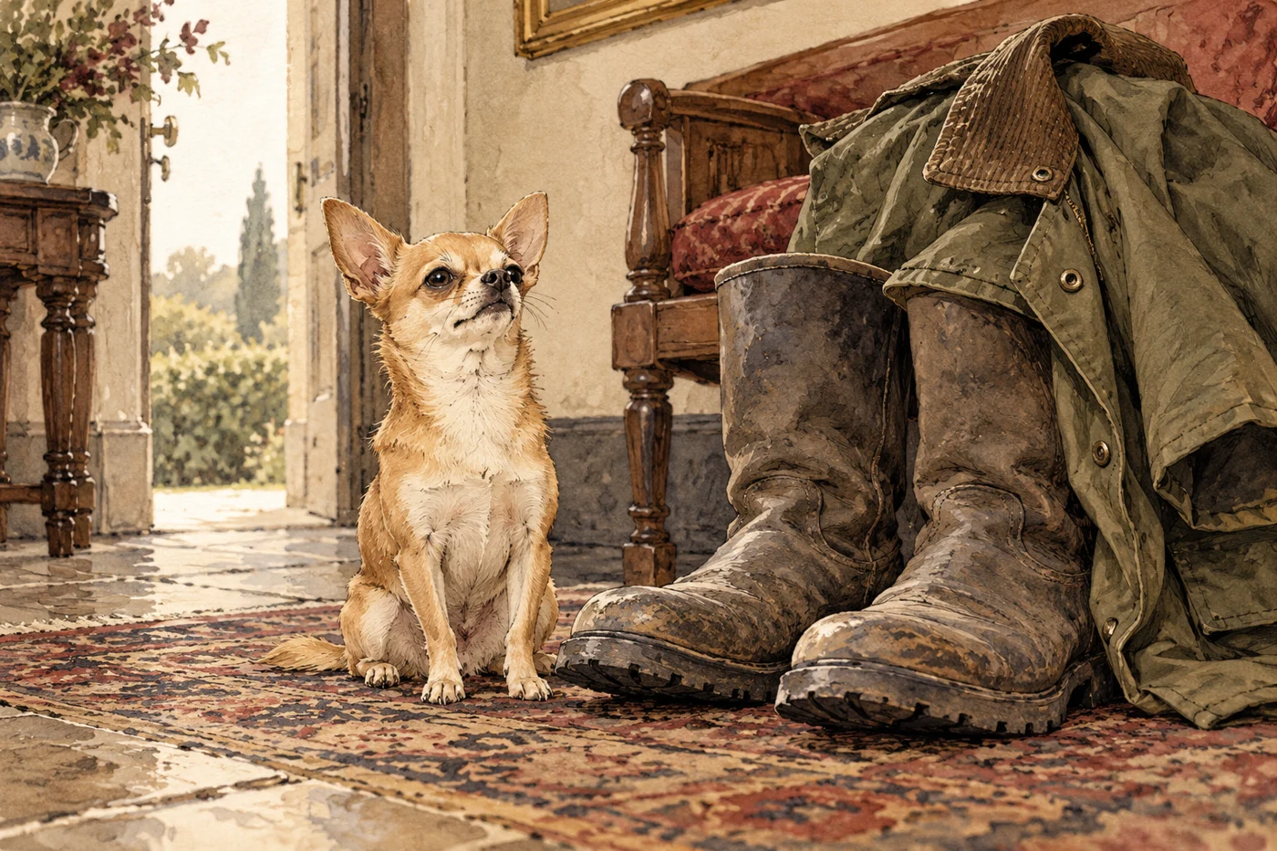 AI-generated fictional editorial illustration: a tiny chihuahua sitting proudly beside oversized plain boots and a plain olive jacket, no weapons or insignia.