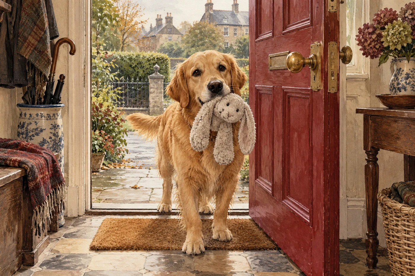 AI-generated fictional editorial illustration: a friendly golden dog holding a plain plush toy beside an open front door, no people.
