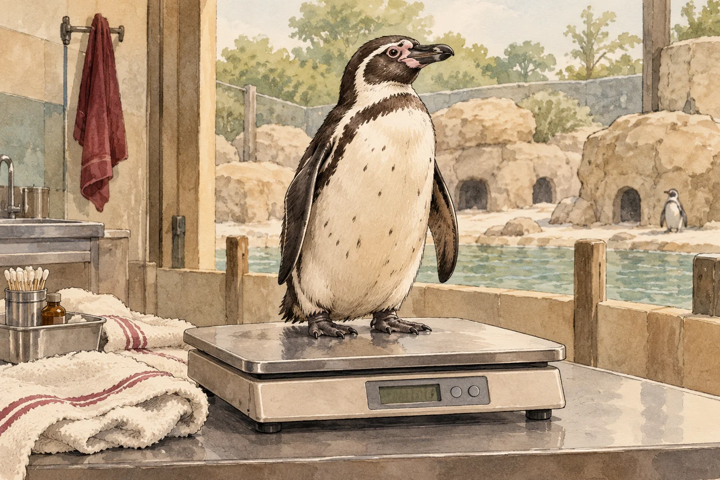 AI-generated fictional editorial illustration: a penguin standing on a plain veterinary scale with an unreadable display, neutral fictional zoo background.