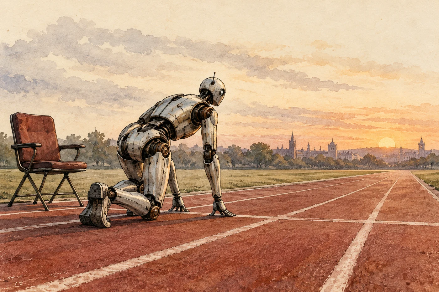AI-generated fictional editorial illustration: an original abstract steel robot at the start of an empty running track beside a folding office chair, no brand designs.