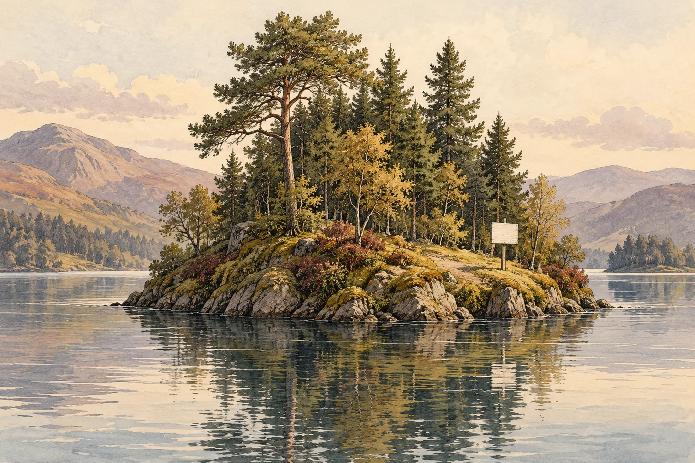 AI-generated fictional editorial illustration: a tiny forested floating island in a calm lake with a small blank property-sale board, imaginary landscape.