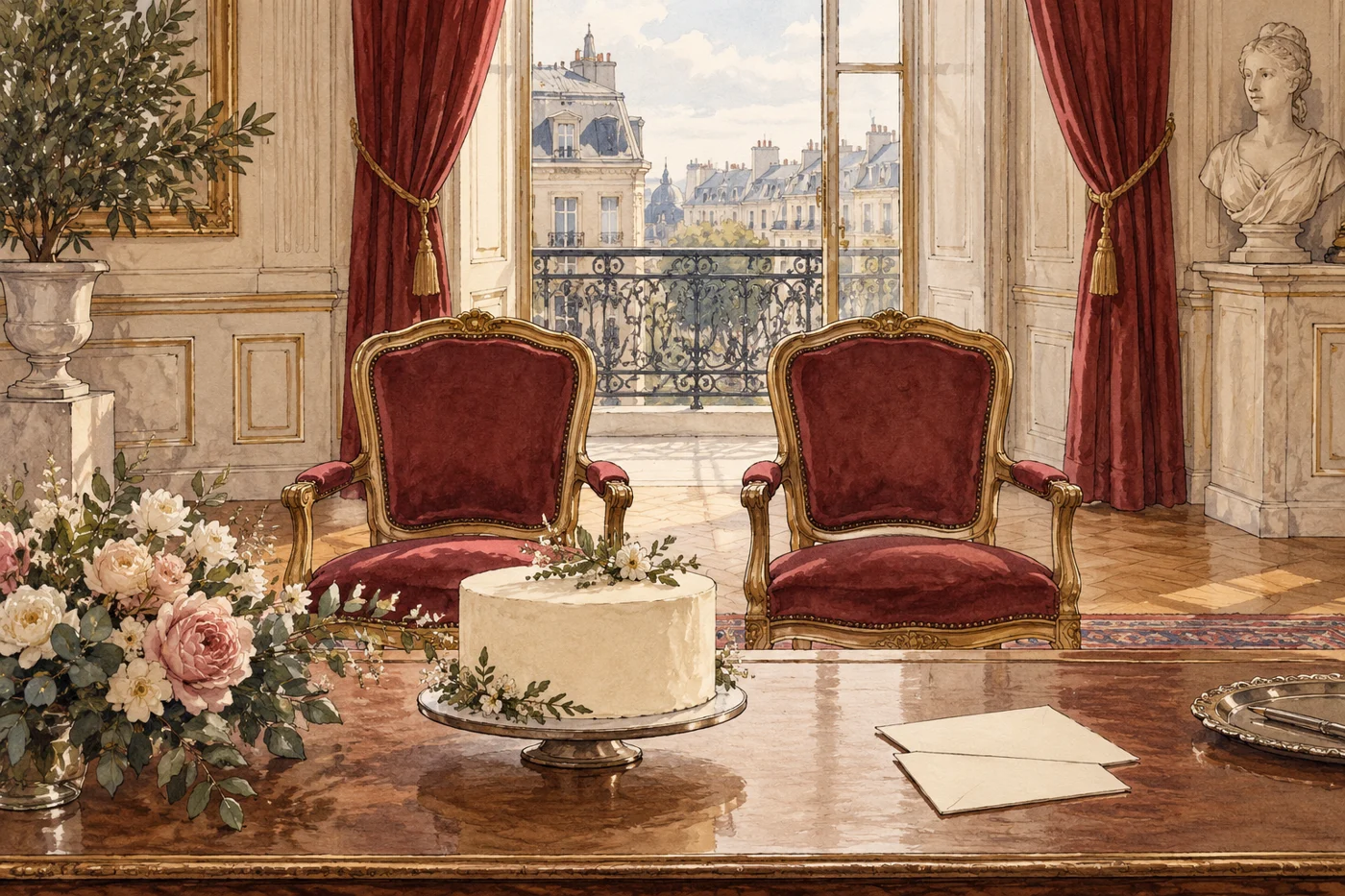 AI-generated fictional editorial illustration: two empty elegant chairs beside a plain cake and blank envelopes in a fictional Paris town hall, no religious symbols.