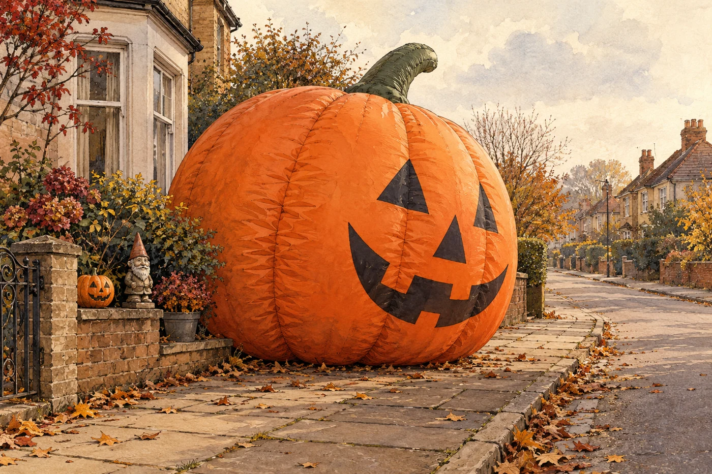 AI-generated fictional editorial illustration: a huge inflatable orange pumpkin resting on an empty fictional suburban pavement beside tiny garden decorations.