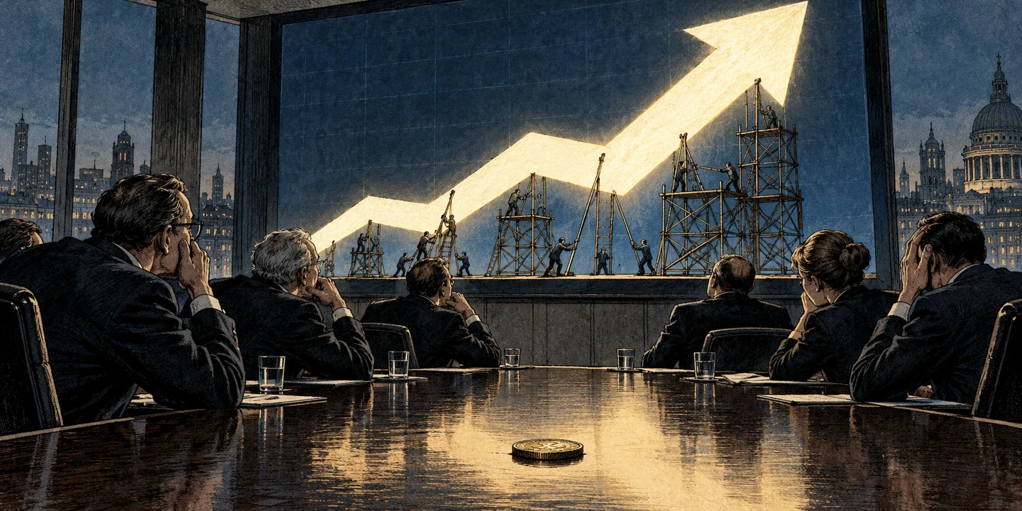 Fictional boardroom presentation with an enormous rising arrow on the wall