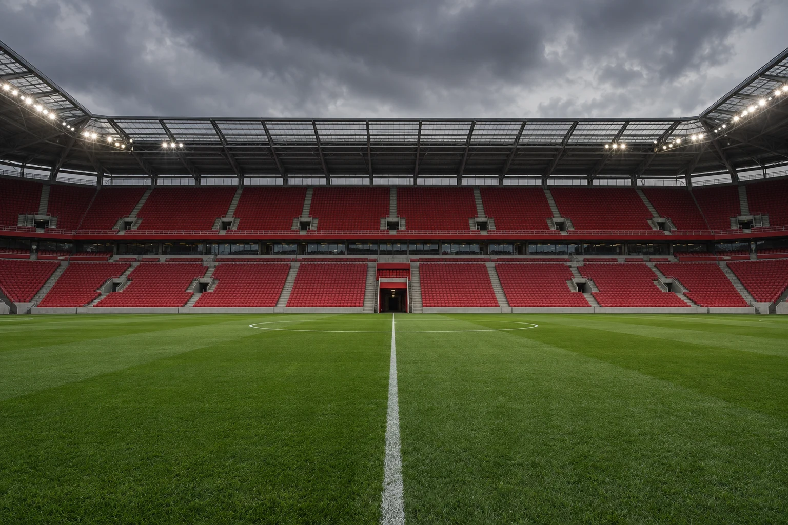 Imaginary football stadium with empty red seats and no club branding
