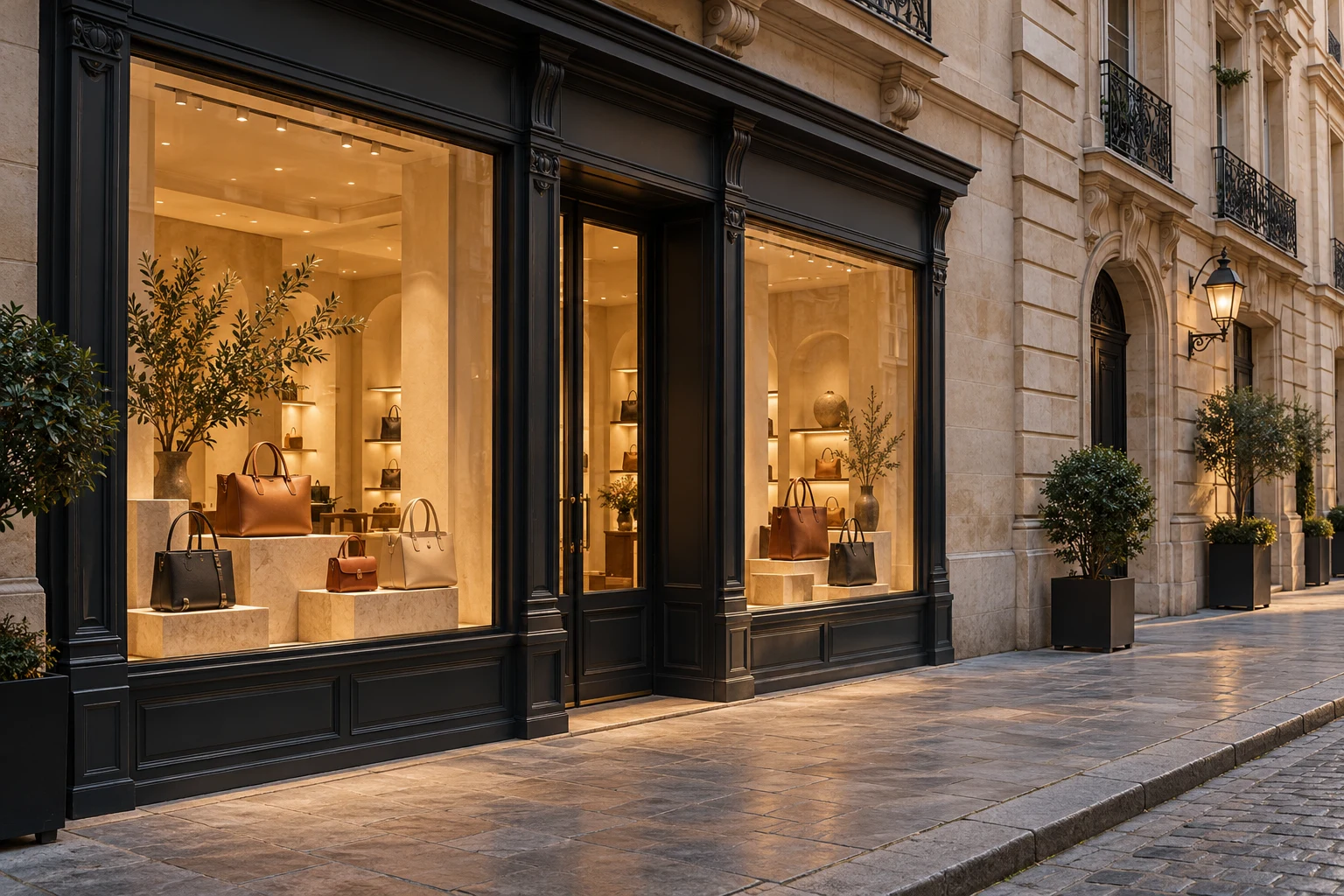 Fictional unbranded luxury boutique with plain handbags in its window
