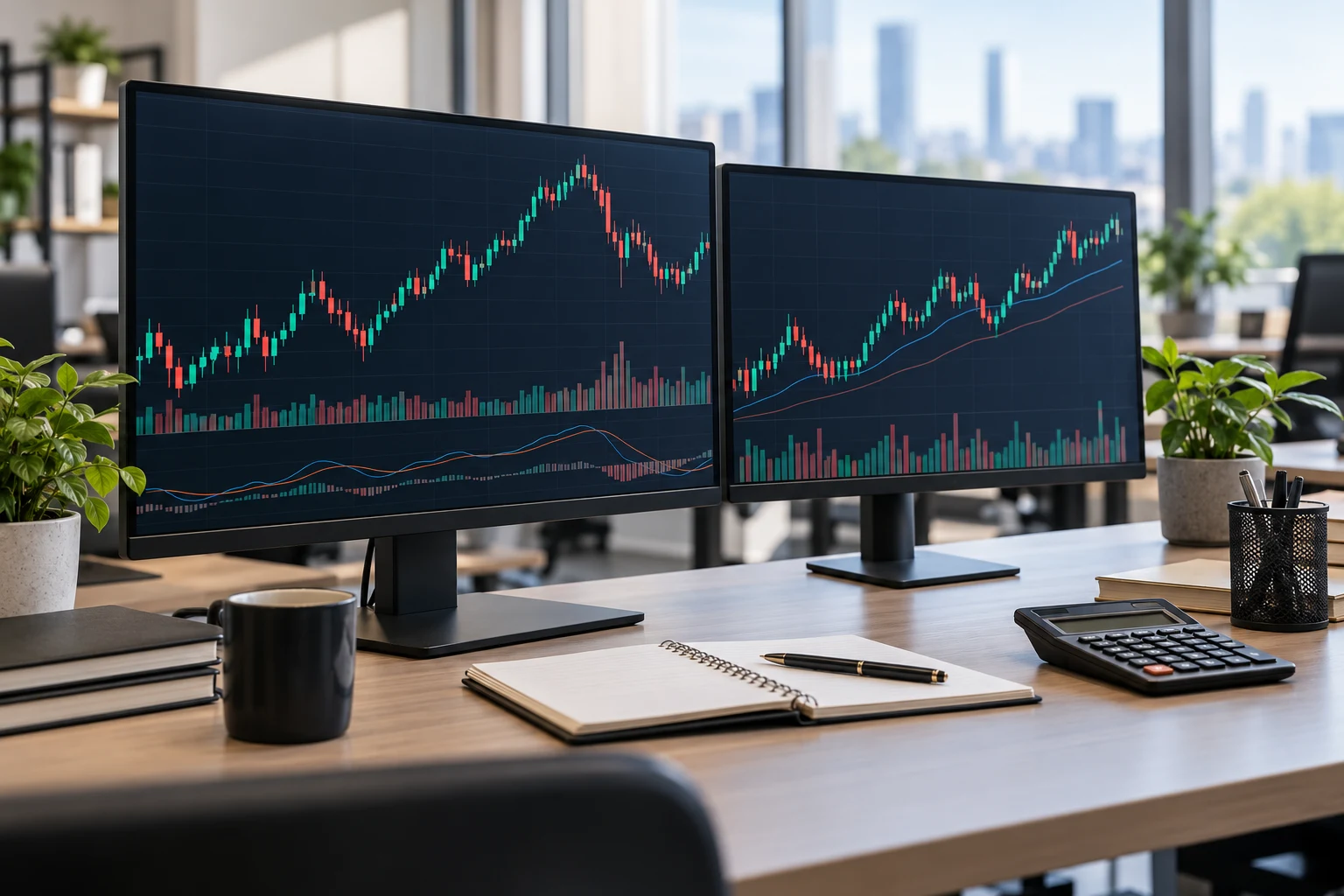 Fictional financial workspace with unbranded monitors and abstract charts