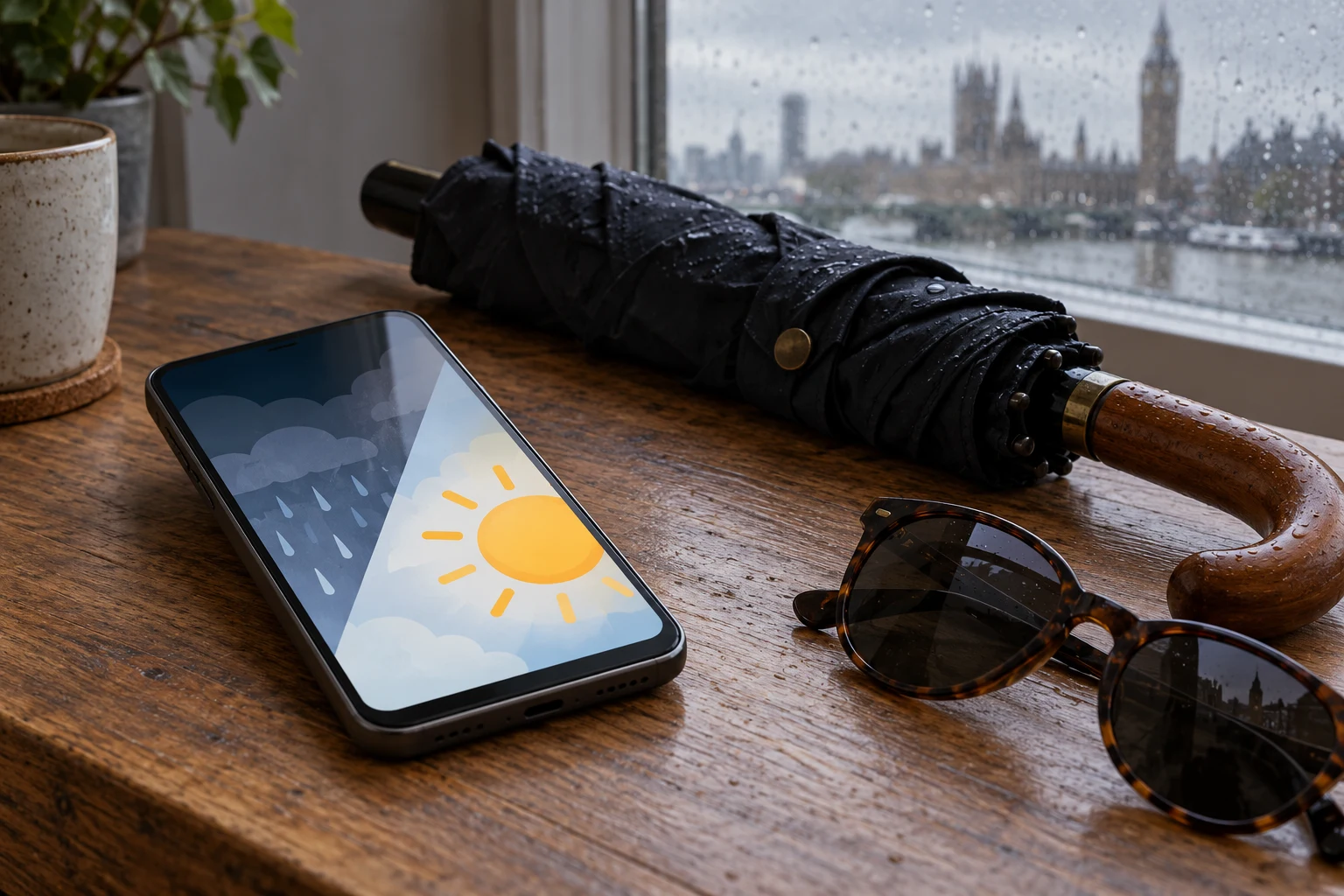 Fictional unbranded phone showing abstract weather symbols