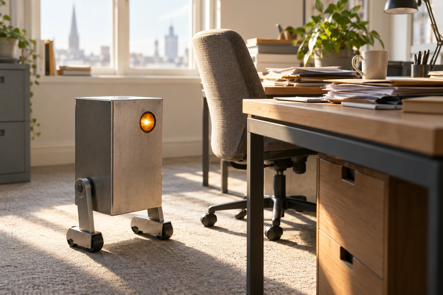 Original fictional office robot beside paperwork, without manufacturer branding