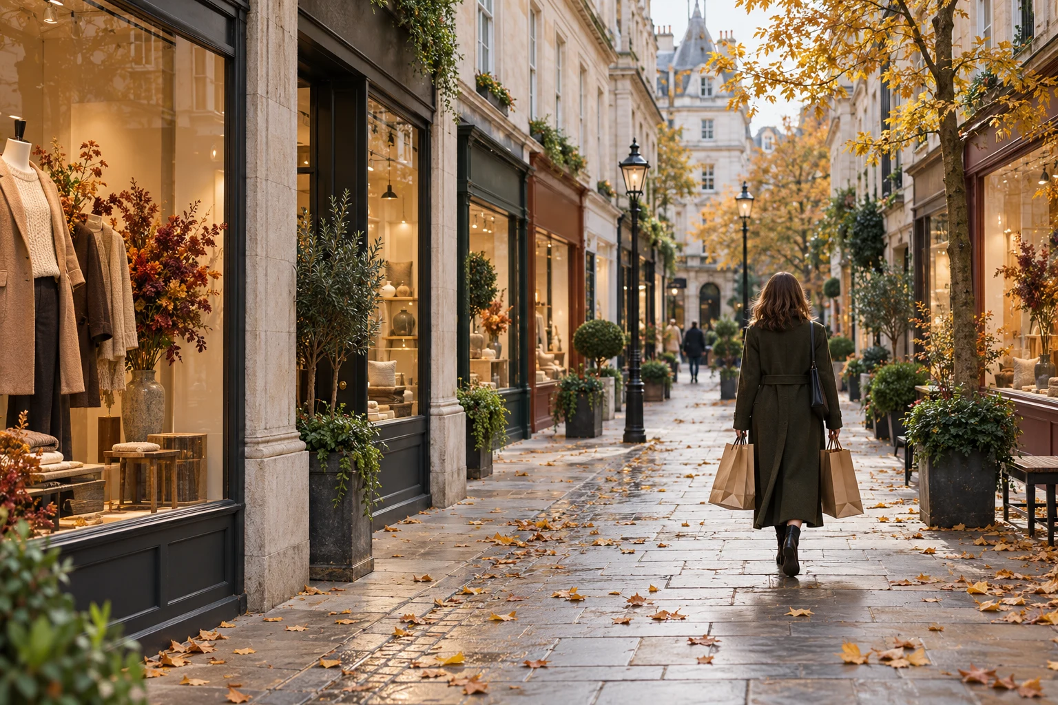 Imaginary pedestrian shopping street with unbranded shop windows